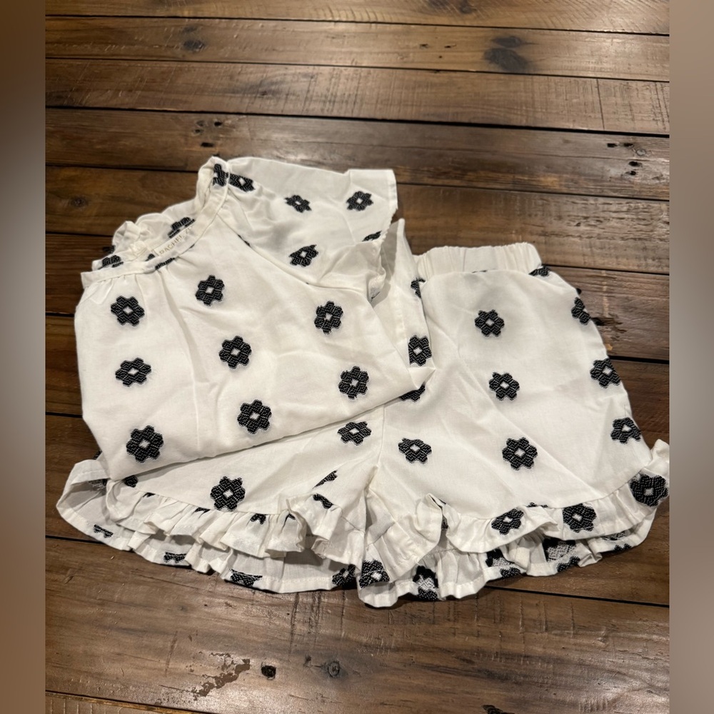 White Ruffled Set with Black Floral pattern for girls